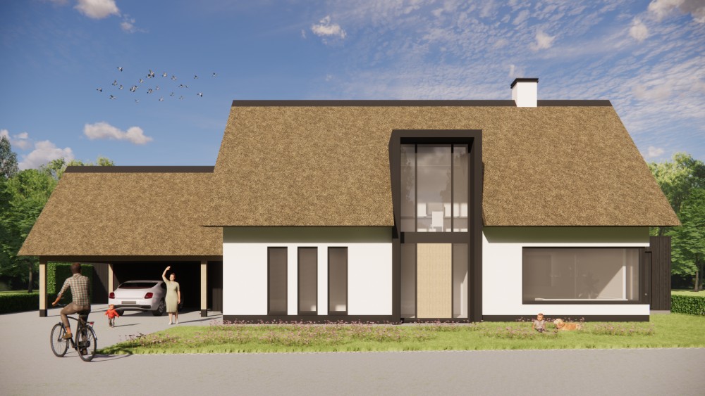 3D Render van landelijke woning met rieten kap, witte gevels en houten accenten 6