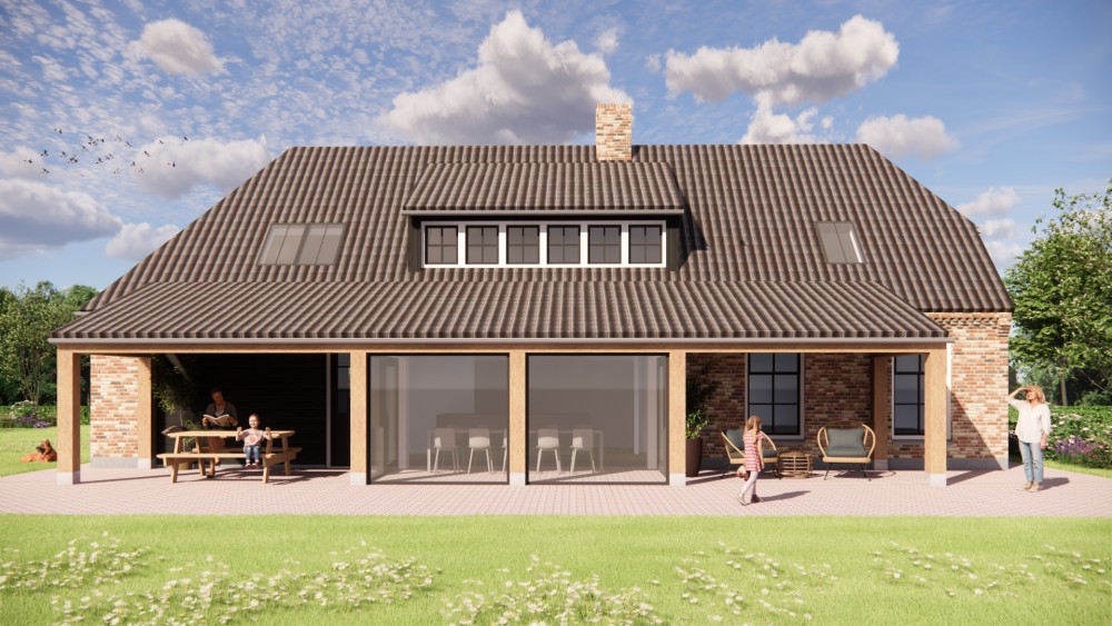 3D Render van boerderijwoning met wolfsdak, gegolfde dakpannen en houten accenten 5