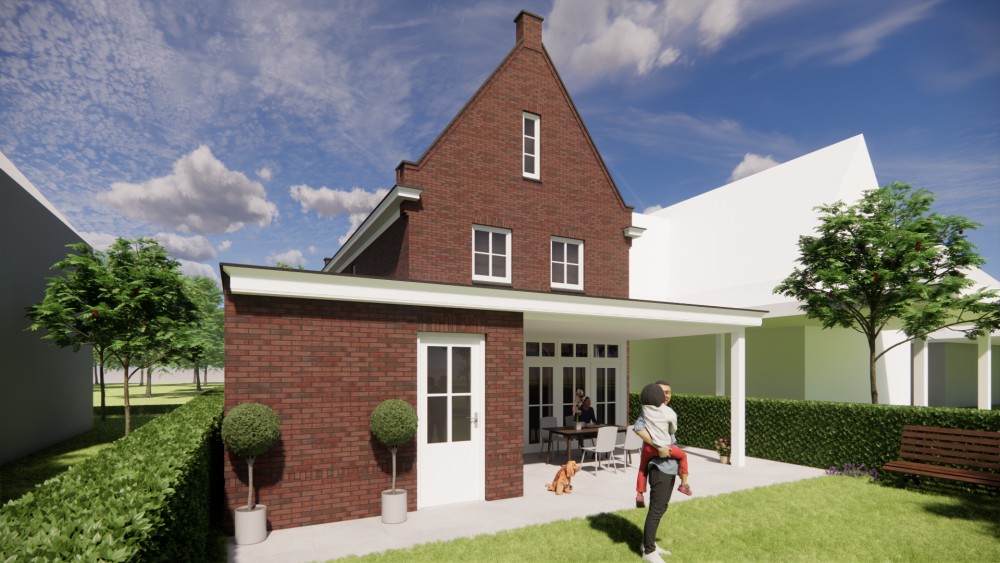 3D Render van vrijstaande jaren 30 woning met metselwerk, erker en zadeldak met gegolfde dakpannen 12