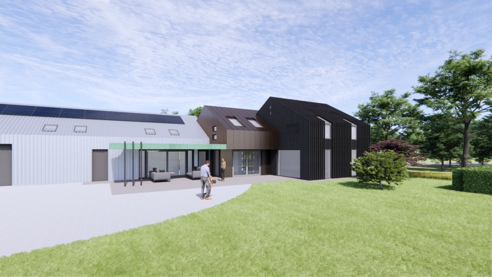 3D Render van landelijke schuurwoning bestaande uit 3 delen met een gevel van metaal, hout en golfplaat 4