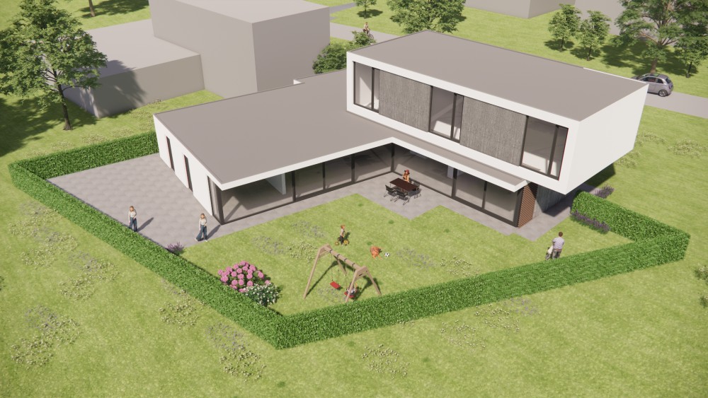 3D Render van strakke kubusvormige woning met wit stucwerk en houten geveldelen 8