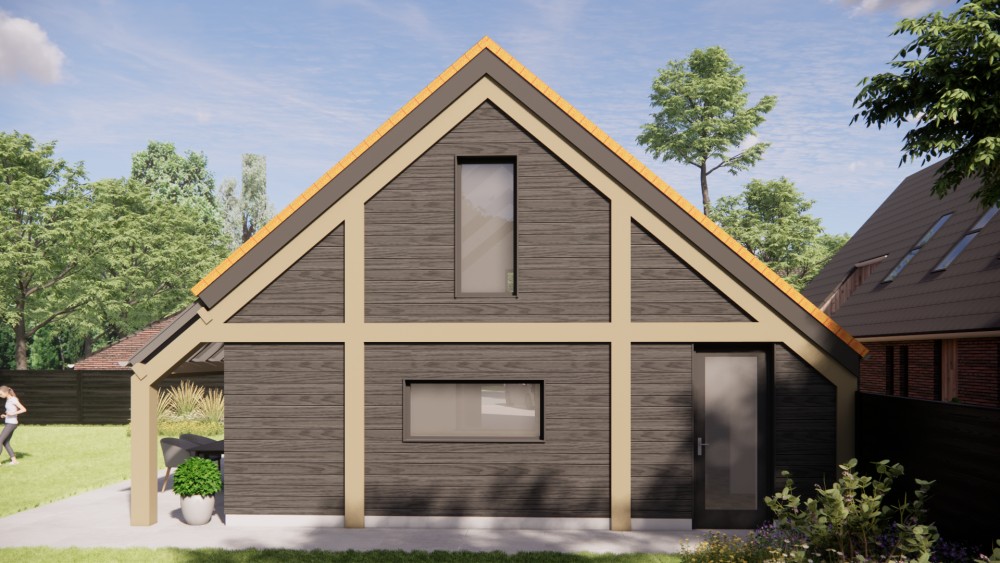 3D Render van vrijstaande schuurwoning met houten gevel, zadeldak met vlakke dakpannen en overdekte entree 9