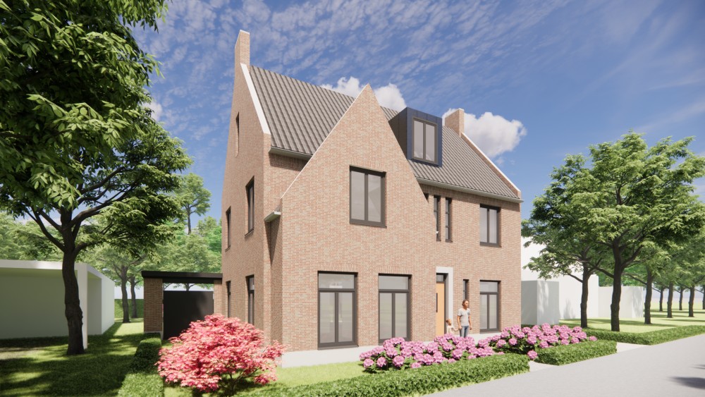 3D Render van kempisch vrijstaand woonhuis met metselwerk gevels, zadeldak en gegolfde dakpannen 4