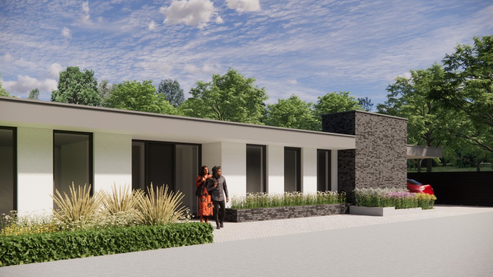 3D Render van modern vrijstaand woonhuis met plat dak en pleisterwerk 4