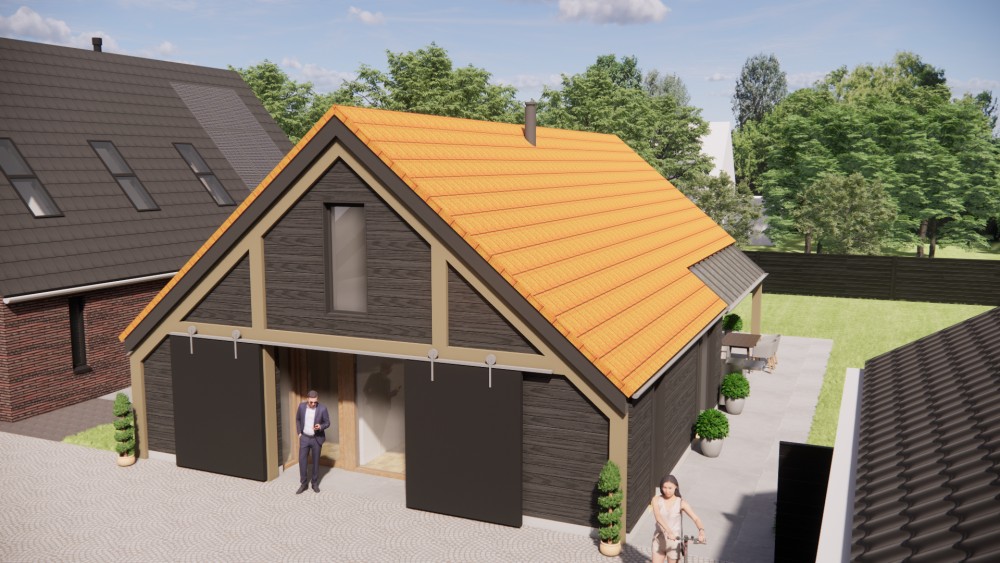 3D Render van vrijstaande schuurwoning met houten gevel, zadeldak met vlakke dakpannen en overdekte entree 10