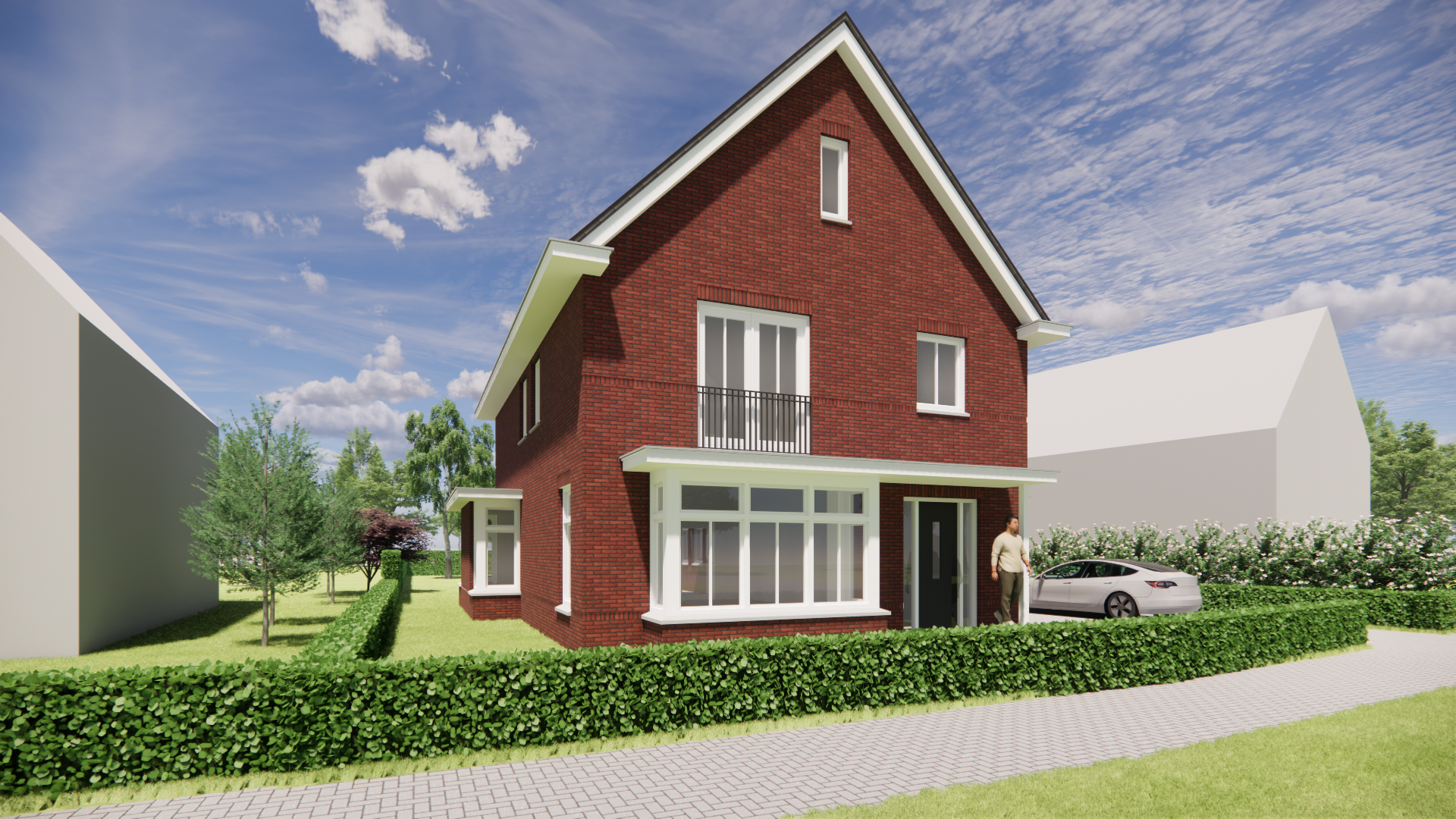 3D render van Jaren 30 woning met erker, betimmerde goot en gegolfde dakpannen