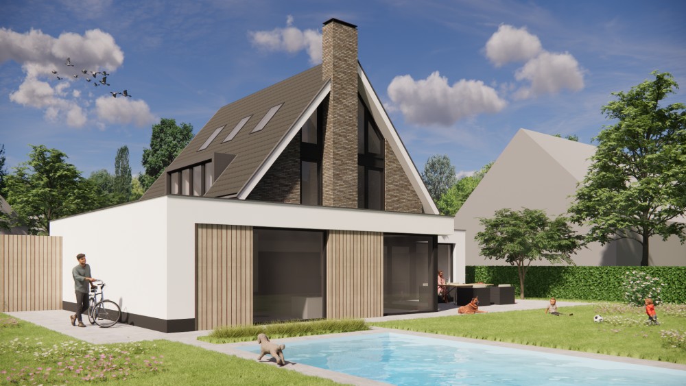 Afbeelding van Woning met wit stucwerk, houten accenten en overstekend zadeldak - 9f322150-9345-4a07-b722-9e94f3242671