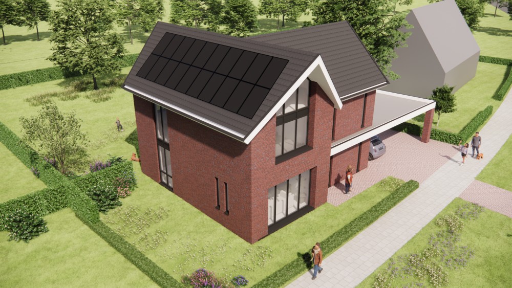 3D Render van strakke baksteenarchitectuur met zadeldak en schuine dak overstek 7