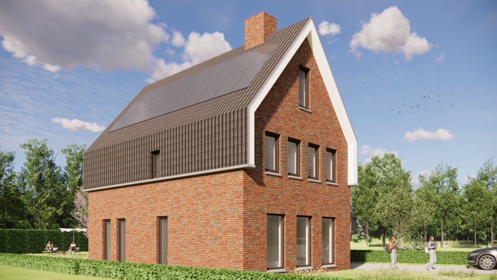 Afbeelding van Moderne woning met zadeldak, metselwerk en uitgesproken dak overstek - 1de9d5ec-c4f8-4e91-a48f-731e4d805df3