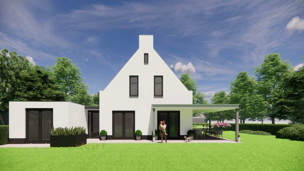 3D Render van vrijstaande moderne woning met pleisterwerk en zadeldak met gegolfde dakpannen 5
