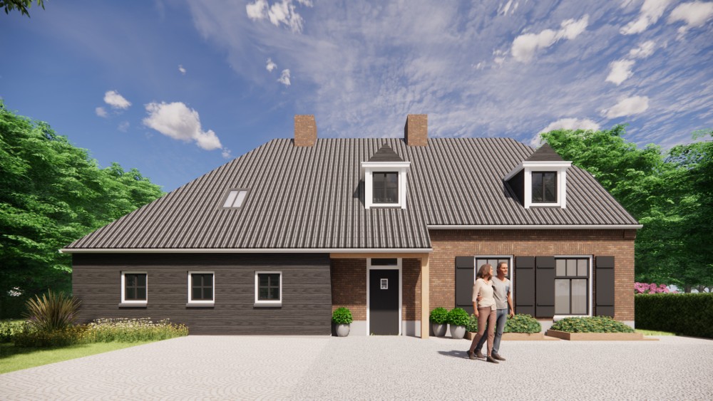 3D Render van landelijke boerderijwoning in metselwerk met wolfsdak met gegolfde dakpannen en houten accenten 4