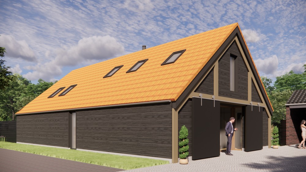 3D Render van vrijstaande schuurwoning met houten gevel, zadeldak met vlakke dakpannen en overdekte entree 6