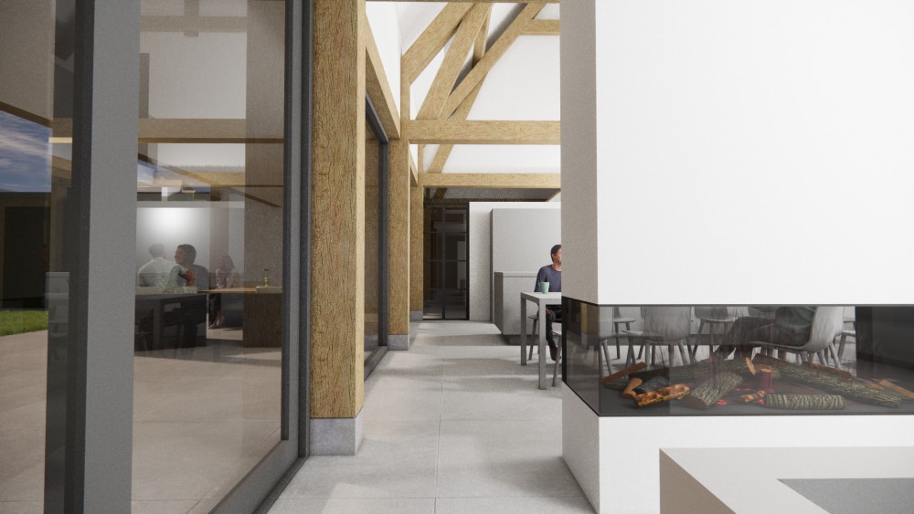 Interieur van moderne schuurwoning met strak pleisterwerk en houten accenten 1