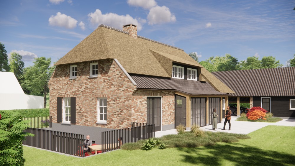 Afbeelding van Landelijke boerderijwoning met rieten wolfsdak en metselwerk met houten accenten - 6635d8b0-74b1-40bd-83d8-d9b409c96c73