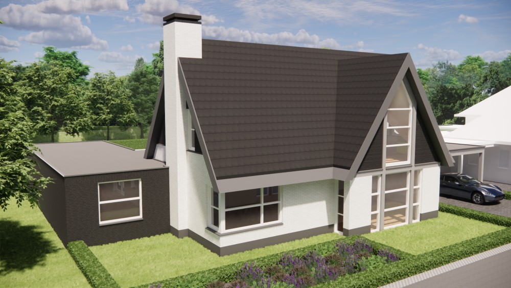 3D Render van vrijstaande moderne woning met wit en zwart metselwerk en zadeldak met vlakke dakpannen 5