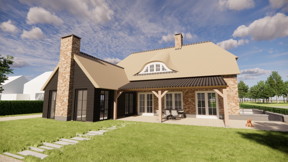 3D Render van boerderijwoning met rieten wolfsdak en houten accenten 4