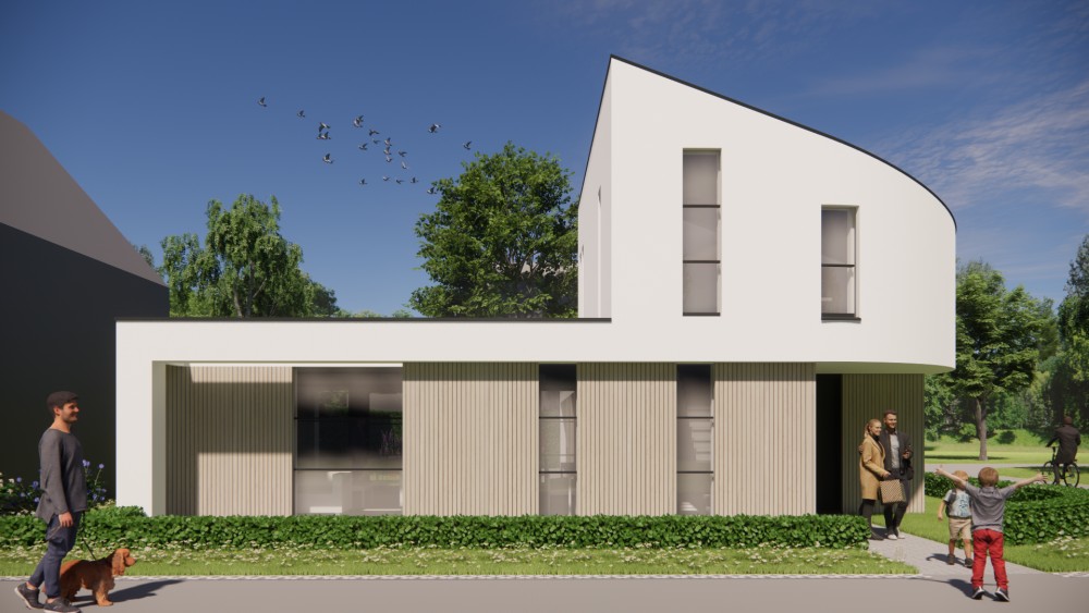 Afbeelding van Moderne woning met houten gevels, wit pleisterwerk en lessenaarsdak - 55750e6d-a5e5-4c7d-be42-ecd5c7ea9daf