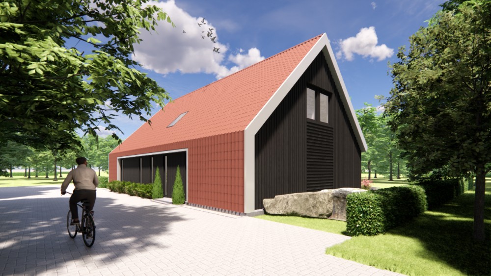 Afbeelding van Schuurwoning met houten gevels, zadeldak en rode gegolfde dakpannen - 1318fc1a-484e-42db-b18b-2dcb67ae1ffa