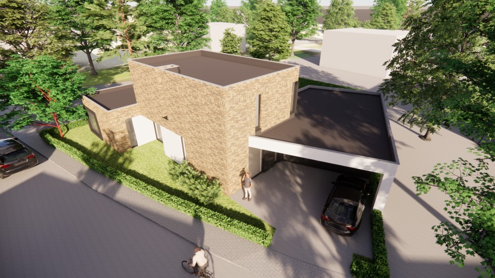 3D Render van kubistische villa met strak metselwerk en overdekt terras 4