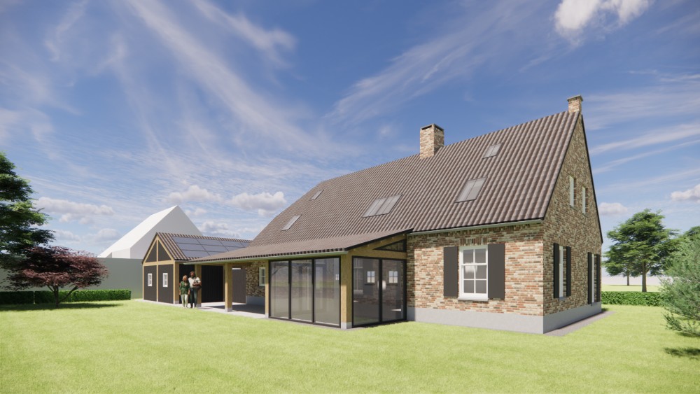 Afbeelding van Traditionele boerderijwoning met wolfsdak en houten luiken - 53502bc9-22ca-4cf1-a32b-189b03f659b4