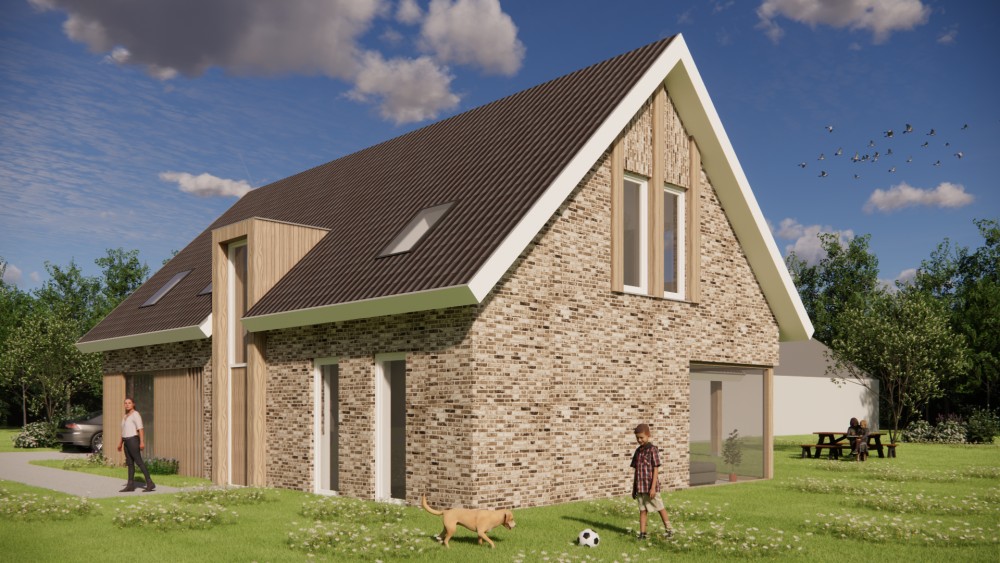Afbeelding van Moderne woning met zadeldak, metselwerk en gegolfde dakpannen - b837e8ab-3f4a-40ad-8e47-d6991180c2a0