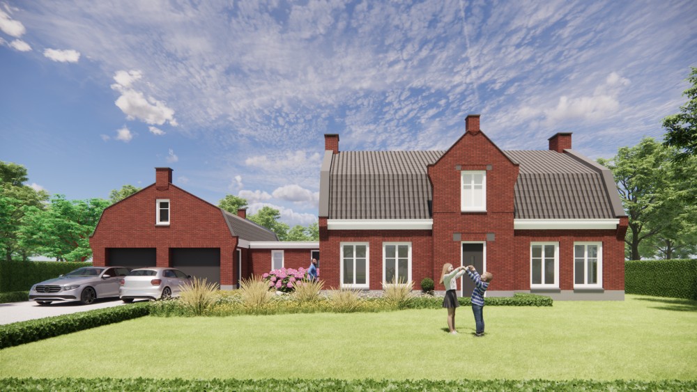 Afbeelding van Vrijstaand woonhuis in jaren 30 stijl met metselwerkgevel en mansardedak met gegolfde dakpannen - a1b05a39-d450-46d2-a28d-c14f6d30eb31