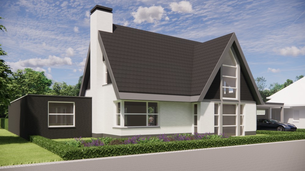 Afbeelding van Vrijstaande moderne woning met wit en zwart metselwerk en zadeldak met vlakke dakpannen - 40c39286-de74-4628-a76a-67b0f376ebe7