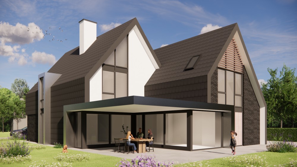 Afbeelding van Eigentijdse villa met metselwerk gevels en zadeldak met vlakke dakpannen - d9a75ce2-f9a5-4846-8d83-df7a2fbed7ab