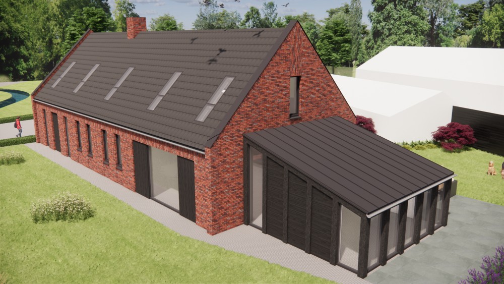 3D Render van vrijstaande moderne woning in rood metselwerk met zadeldak in vlakke dakpannen en houtaccenten 4