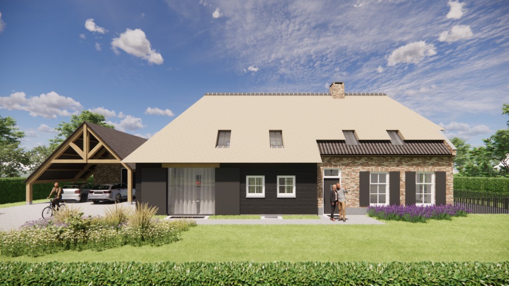 3D Render van landelijke boerderijwoning met rieten wolfsdak en metselwerk met houten accenten 4