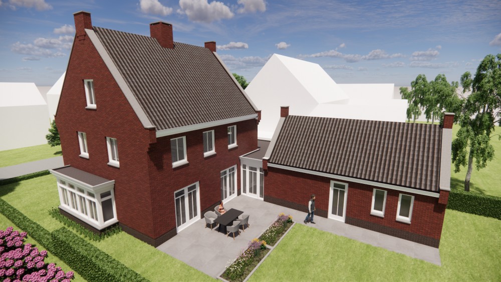 3D Render van vrijstaande jaren 30 woning met metselwerk en zadeldak met gegolfde dakpannen 7