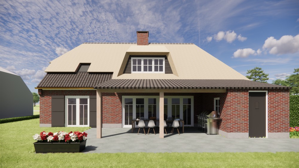 3D Render van landelijke boerderijwoning met rieten dak en metselwerkgevels 6