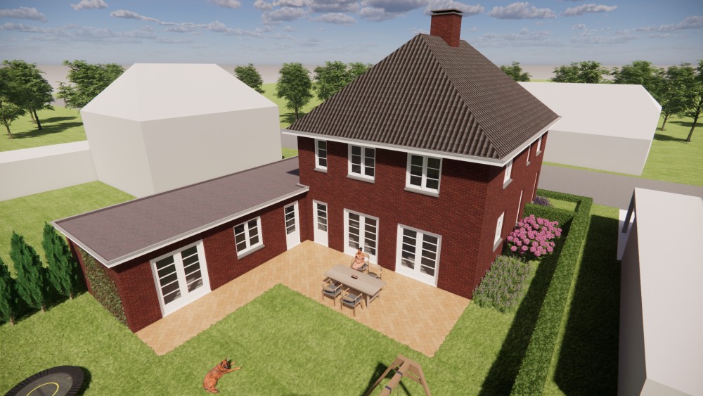 3D Render van vrijstaande notariswoning met metselwerk gevels en klassiek schilddak 7