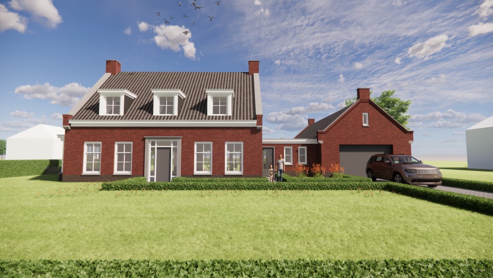 3D Render van traditionele notariswoning met metselwerk gevels, zadeldak en erker 6