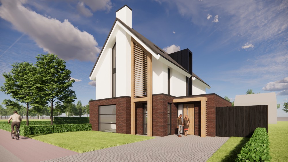 Afbeelding van Witgepleisterde moderne woning met risaliet, houten accenten en vlakke dakpannen - 65f24f52-01a6-4737-8a4b-ec7e112b827d