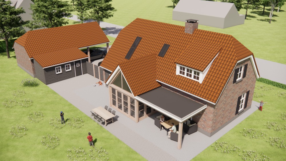 Afbeelding van Boerderijwoning met rood gegolfd wolfsdak, witte dakranden en bakstenen gevel - f22eee79-03e0-471b-b9b5-37126a16af3d