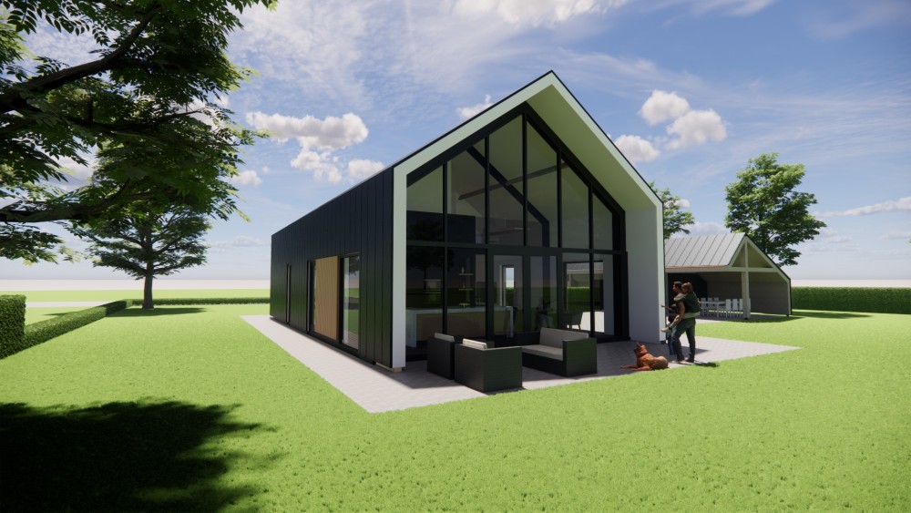 Afbeelding van Moderne schuurwoning met houten gevel en doorgetrokken metalen zadeldak - d6dd40d8-6a10-499f-9967-b94c7f4f7df6