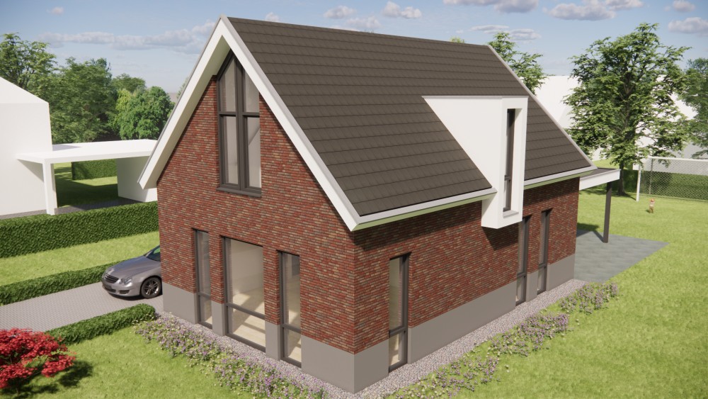 3D Render van moderne woning met zadeldak, rood metselwerk en vlakke dakpannen 5