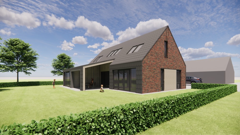 Afbeelding van Schuurwoning met zadeldak, donkere gevelsteen en houten accenten - ed62faf8-ebb9-48ba-a465-22a7e63b40f6