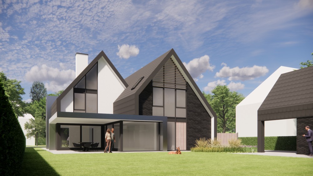 3D Render van eigentijdse villa met metselwerk gevels en zadeldak met vlakke dakpannen 7