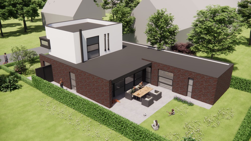 3D Render van kubuswoning met wit pleisterwerk en afgeronde hoekpartij 7