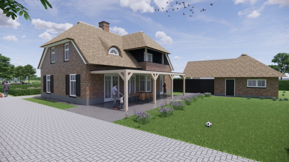 Afbeelding van Boerderijwoning met rieten schilddak, houten accenten en metselwerkgevel - a6ffa31e-0914-4e7f-a418-53cf61f5f6e8