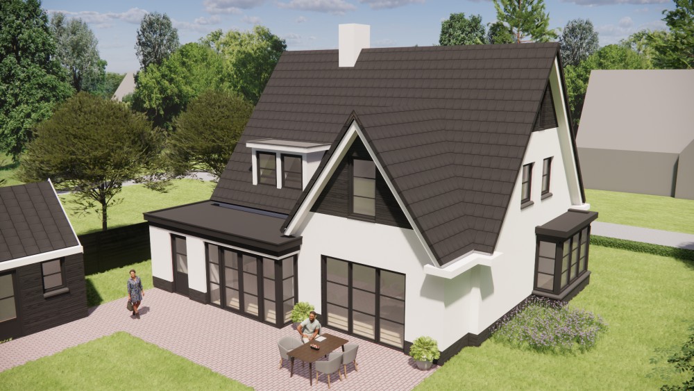 3D Render van moderne woning met gekeimd metselwerk en zadeldak van 9 meter hoog 9