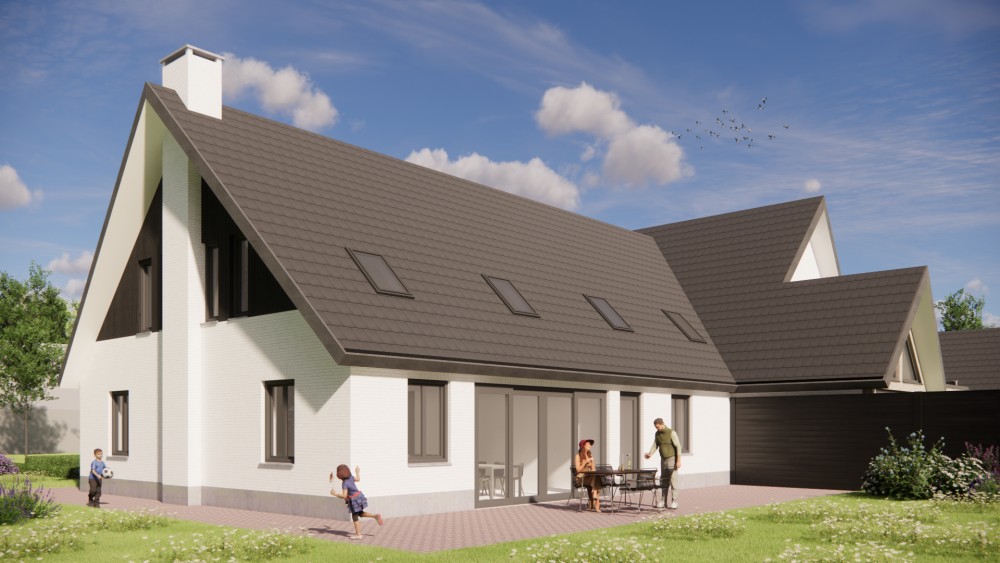 Afbeelding van Witte 2 onder 1 kap villa met zadeldak, vlakke dakpannen en gekeimd metselwerk - cc903d09-3675-41fe-9ee7-a9746028b62a