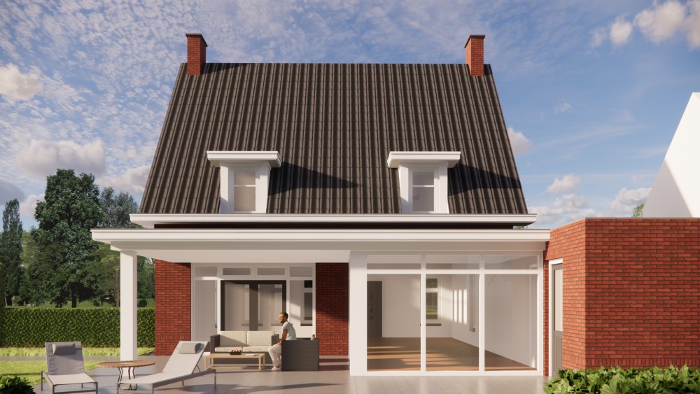 3D Render van jaren 30 notariswoning met zadeldak, metselwerk en houten kozijnen 6