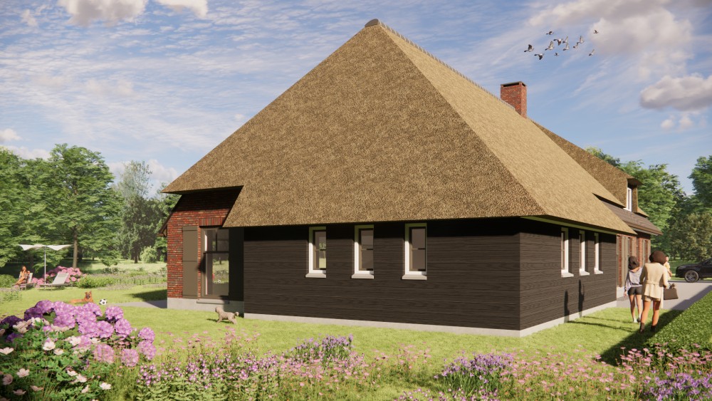 3D Render van traditionele boerderijwoning met rieten wolfsdak en gevel van hout en metselwerk 4