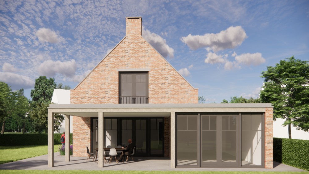 3D Render van vrijstaande Kempische woning in metselwerk met zadeldak en gegolfde dakpannen 6