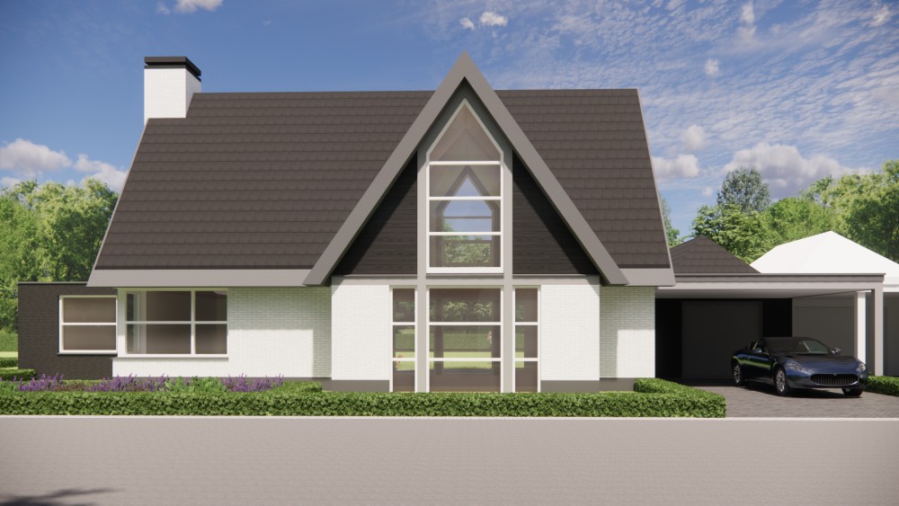 Afbeelding van Vrijstaande moderne woning met wit en zwart metselwerk en zadeldak met vlakke dakpannen - 40c39286-de74-4628-a76a-67b0f376ebe7