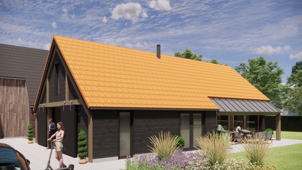 Afbeelding van Vrijstaande schuurwoning met houten gevel, zadeldak met vlakke dakpannen en overdekte entree - 68a113fc-7bc2-4630-9f56-0b4bb4d73e05