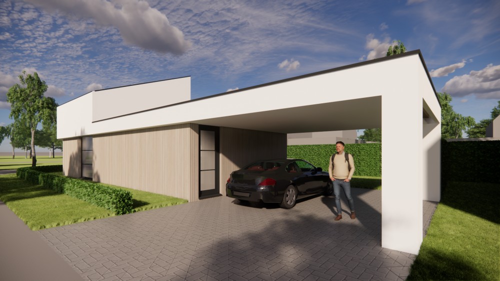 Afbeelding van Moderne woning met houten gevels, wit pleisterwerk en lessenaarsdak - 55750e6d-a5e5-4c7d-be42-ecd5c7ea9daf